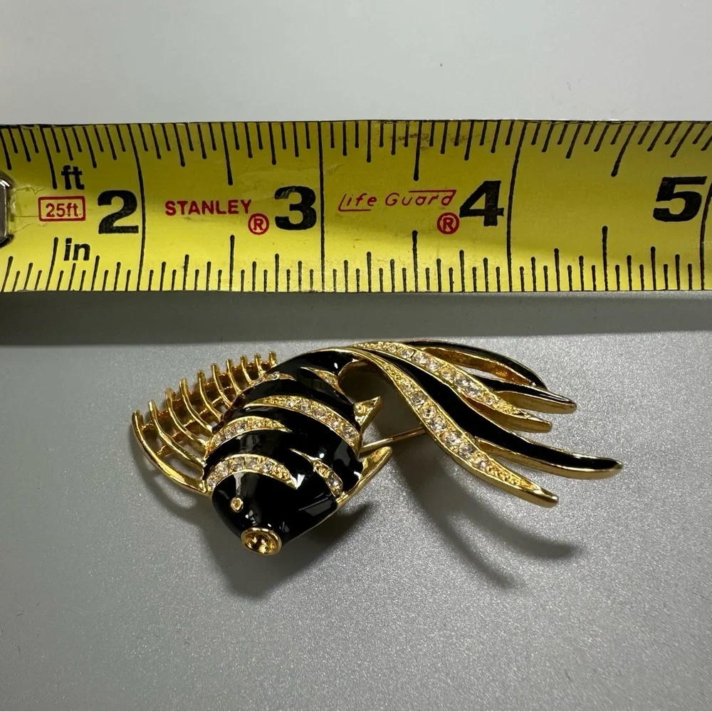 Black Enamel and Rhinestone Fish Goldtone Vintage Brooch
